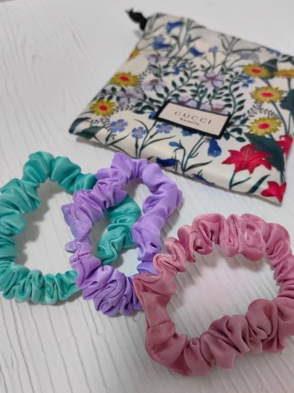 Gucci Floral Satin Scrunchie Trio in Purple, Pink & Teal with Floral Pouch